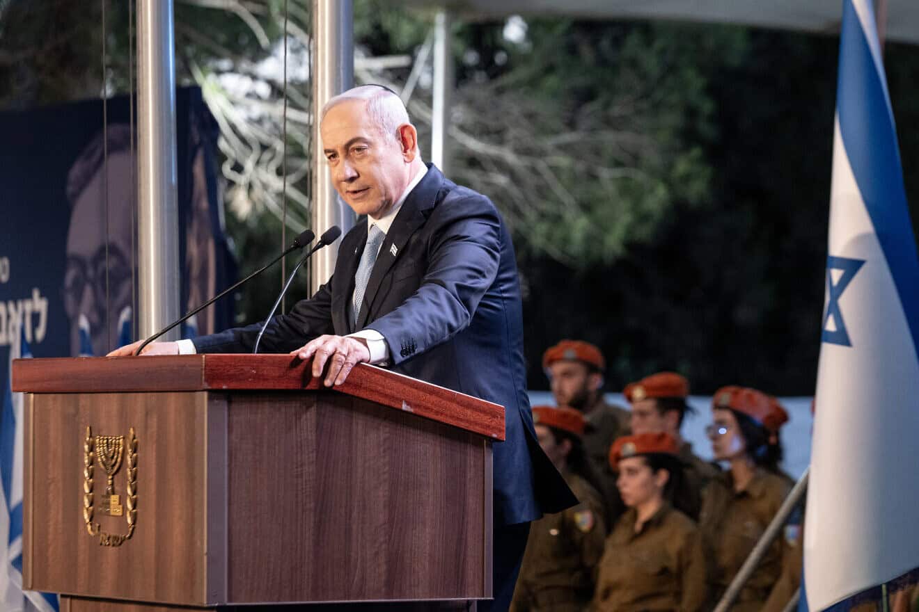 Israeli Prime Minister Benjamin Netanyahu attends a memorial ceremony for Zionist leader Ze'ev Jabotinsky at Mount Herzl in Jerusalem, on Aug. 4, 2024. Photo by Naama Grynbaum/POOL .