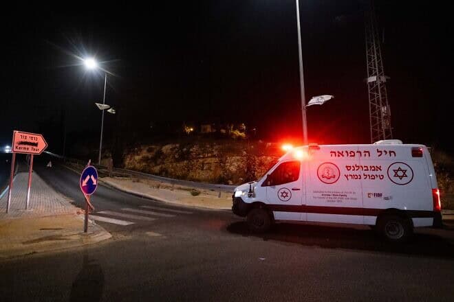 An IDF Medical Corps ambulance at the scene of a car bomb explosion at the Gush Etzion Junction in Judea, Aug. 31, 2024. Photo by Yonatan Sindel/Flash90.