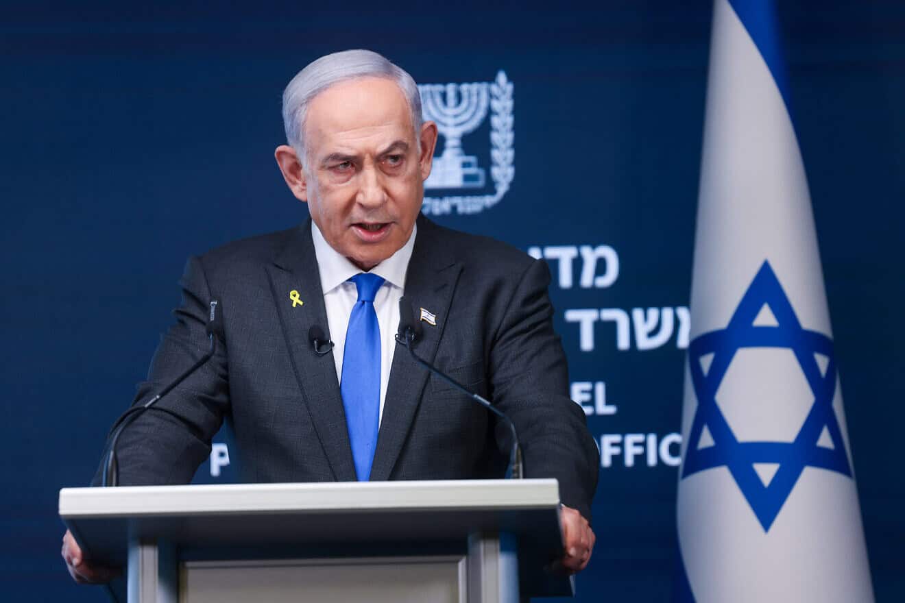 Prime Minister Benjamin Netanyahu speaks in Jerusalem during a televised address to the nation, Sept. 2, 2024. Photo by Chaim Goldberg/Flash90.