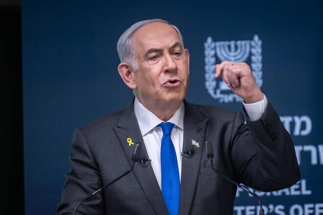 Prime Minister Benjamin Netanyahu delivers a televised address to the nation from Jerusalem, on Sept. 2, 2024. Photo by Chaim Goldberg/Flash90.