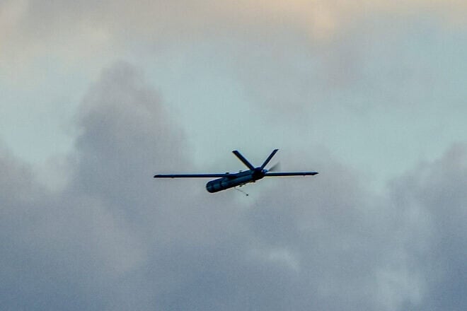 A drone launched by Hezbollah flies over the Israeli border on Sept. 15, 2024. Photo by Ayal Margolin/Flash90.