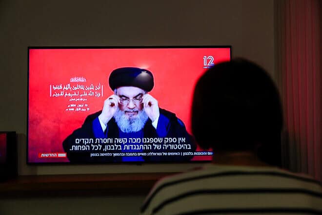 A speech by Hezbollah senior leader Hassan Nasrallah on Israel's “Channel 12” on Sept. 19, 2024. Photo by Nati Shohat/Flash90.