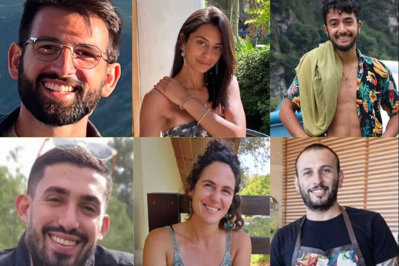 Clockwise, from top left: Almog Sarusi, 25; Eden Yerushalmi, 24; Hersh Goldberg-Polin, 23; Ori Danino, 25; Carmel Gat, 40; and Alex Lobanov, 32. Credit: Hostage and Missing Families Forum.