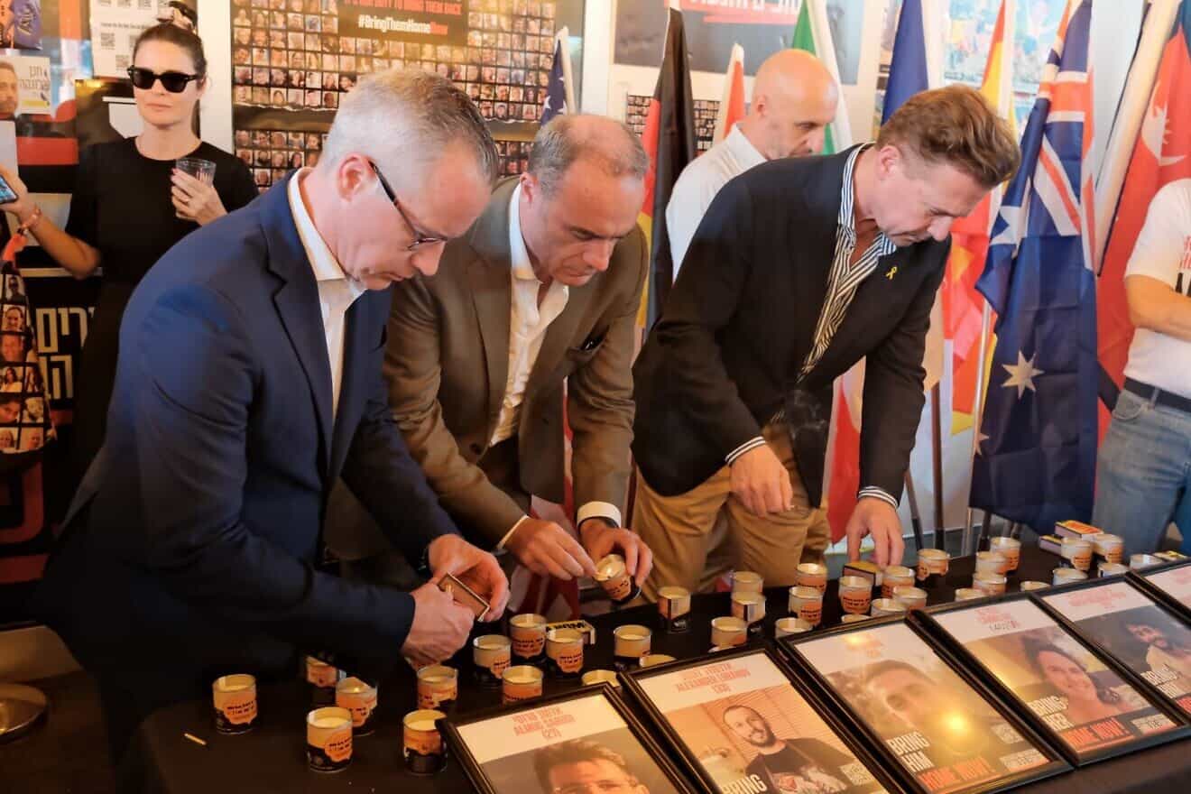 Ambassadors to Israel join a memorial ceremony held at the Hostages and Missing Families Forum headquarters in Tel Aviv, Sept. 1, 2024. Credit: Hostages and Missing Families Forum.