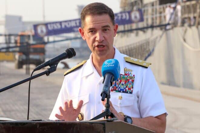 U.S. Navy Vice Admiral Brad Cooper, deputy commander of U.S. Central Command, speaks during a press conference at Shuaiba Port near Kuwait City, June 6, 2022. Photo by Yasser Al-Zayyat/AFP via Getty Images.