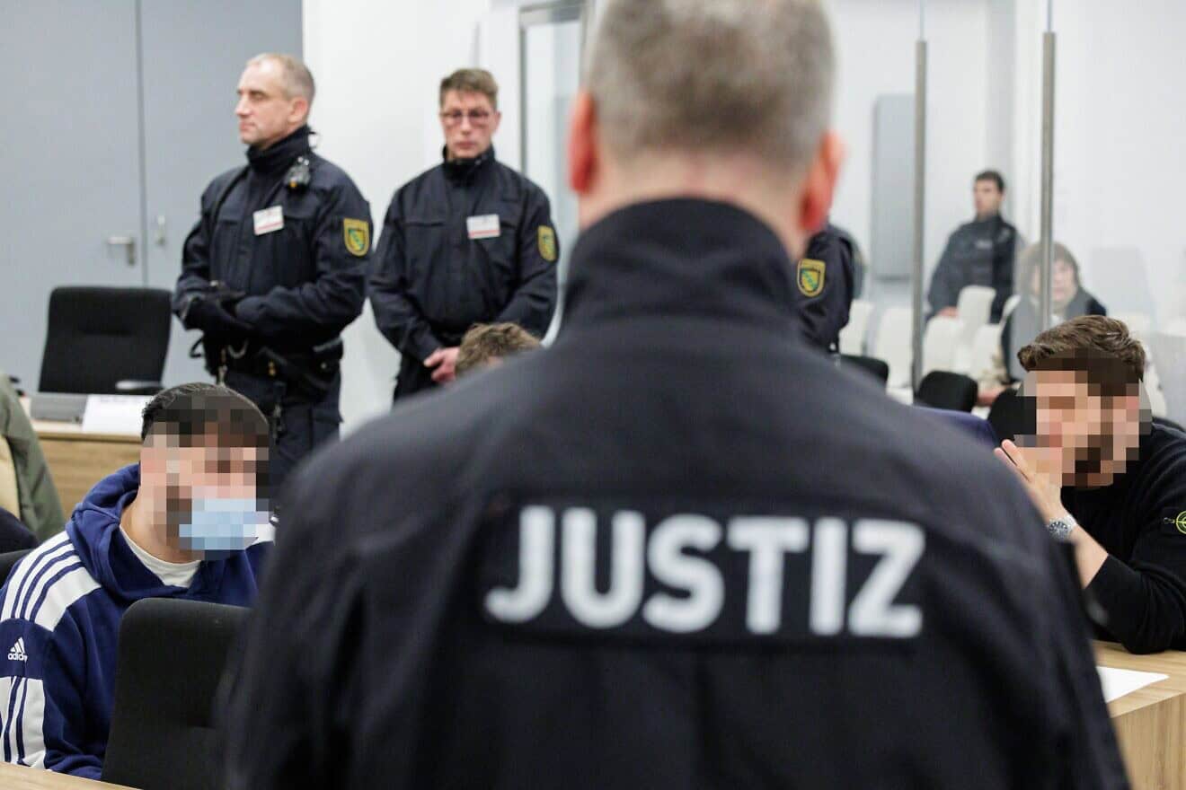 Defendants Abdul Majed R. (left) Rabieh R. sit in the Higher Regional Court in Dresden, Germany, before a hearing in the trial over a jewelry heist on the Green Vault (Gruenes Gewoelbe) museum in the city, Jan. 27, 2023. Photo by Jens Schulueter/POOL/AFP via Getty Images.