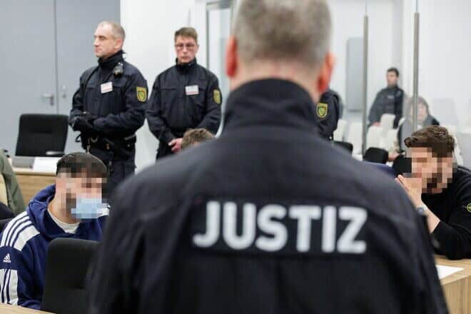 Defendants Abdul Majed R. (left) Rabieh R. sit in the Higher Regional Court in Dresden, Germany, before a hearing in the trial over a jewelry heist on the Green Vault (Gruenes Gewoelbe) museum in the city, Jan. 27, 2023. Photo by Jens Schulueter/POOL/AFP via Getty Images.