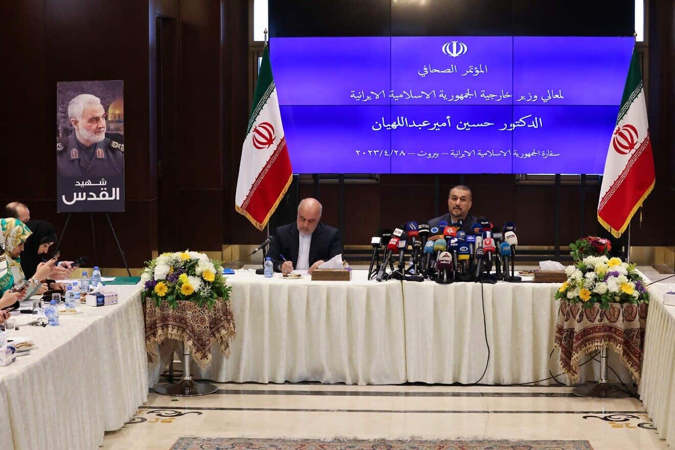 Iran's Foreign Minister Hossein Amir-Abdollahian (right) holds a press conference alongside his country's Ambassador in Lebanon Mojtaba Amani at the embassy in Beirut, on April 28, 2023. Photo by Joseph Eid/AFP via Getty Images.
