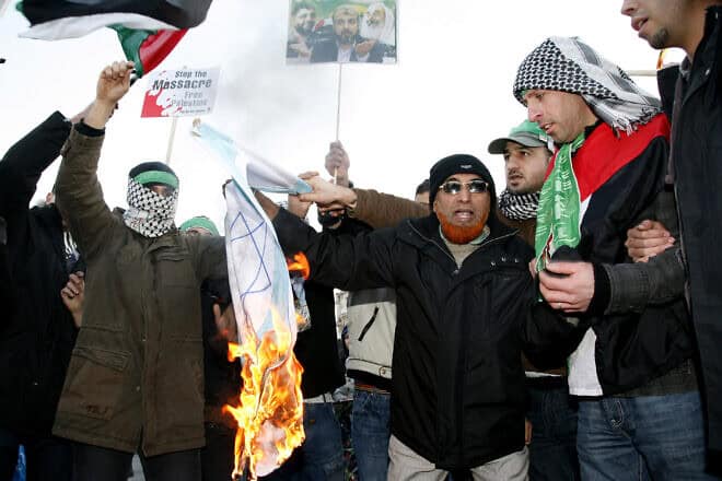 Anti-Israeli demonstrators march in London. Photo by Antony Jones/UK Press via Getty Images.