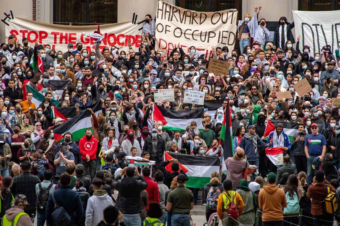 People gather at Harvard University to show their support for Palestinians in Gaza at a rally in Cambridge, Massachusetts, on Oct. 14, 2023. Photo by Joseph Prezioso/AFP via Getty Images.