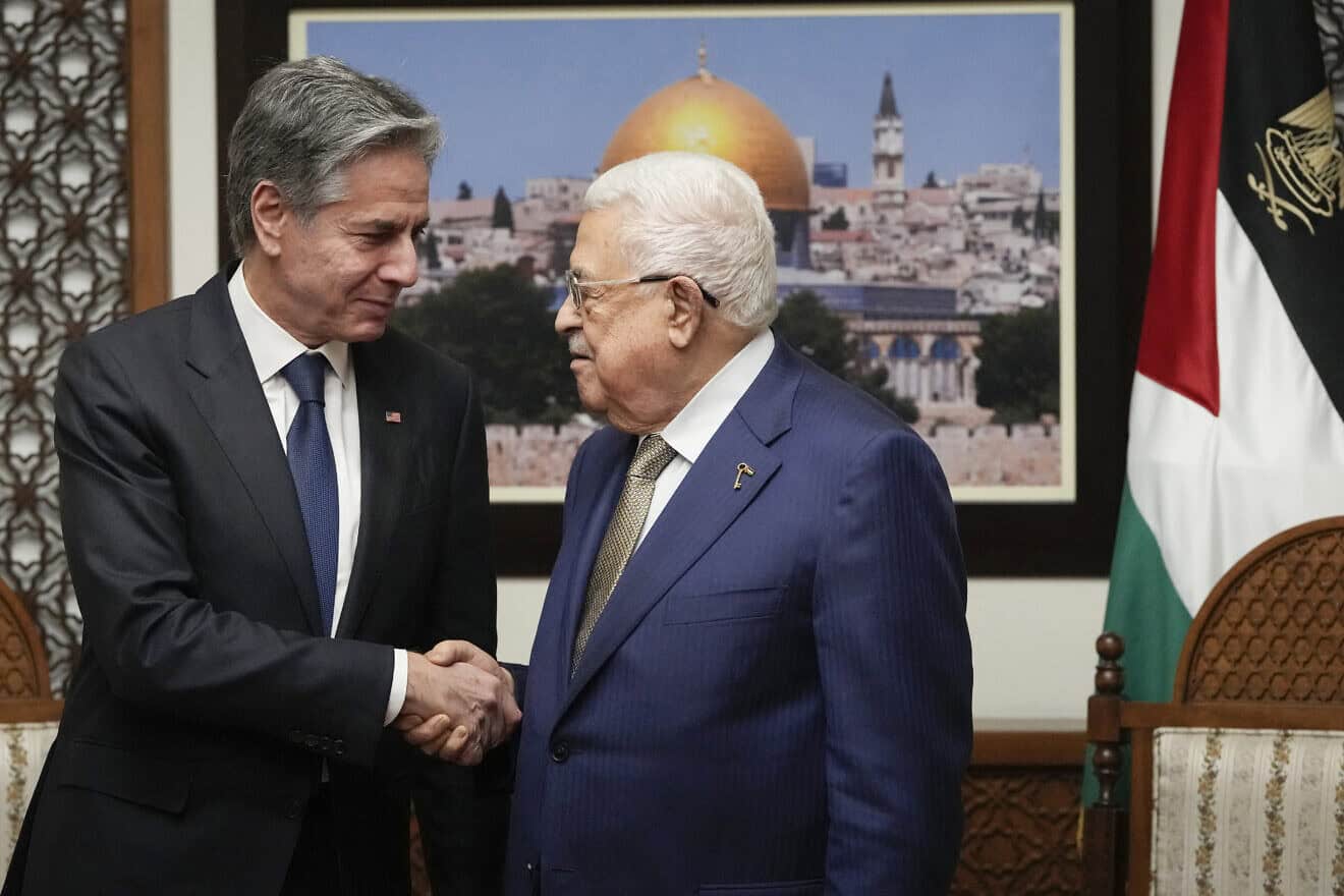 U.S. Secretary of State Antony Blinken meets Palestinian Authority chief Mahmoud Abbas in the Samaria city of Ramallah, Feb. 7, 2024. Photo by Mark Schiefelbein/POOL/AFP via Getty Images.