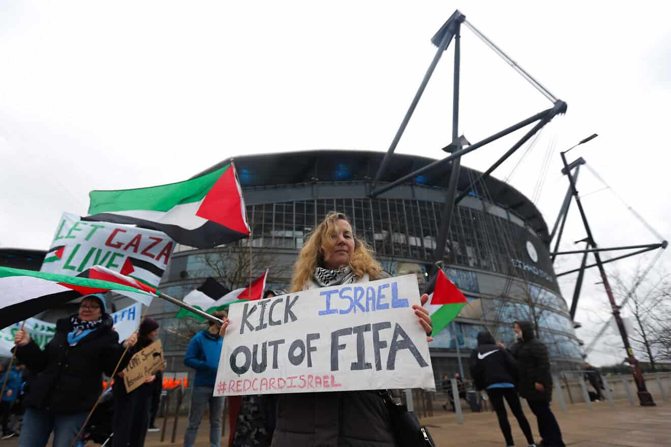 Pro-Palestine demonstrators outside the Etihad Stadium ahead of the Premier League match between Manchester City and Chelsea FC at Etihad Stadium on Feb. 17, 2024 in Manchester, England. Photo by James Gill-Danehouse/Getty Images.