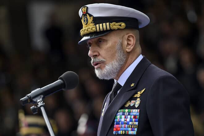 Giuseppe Cavo Dragone, Italy's chief of defense staff, speaks during the ceremony for the Change of command of the Army Chief of Staff at the military city, Cecchignola in Rome, on Feb. 27, 2024. Photo by Antonio Masiello/Getty Images.