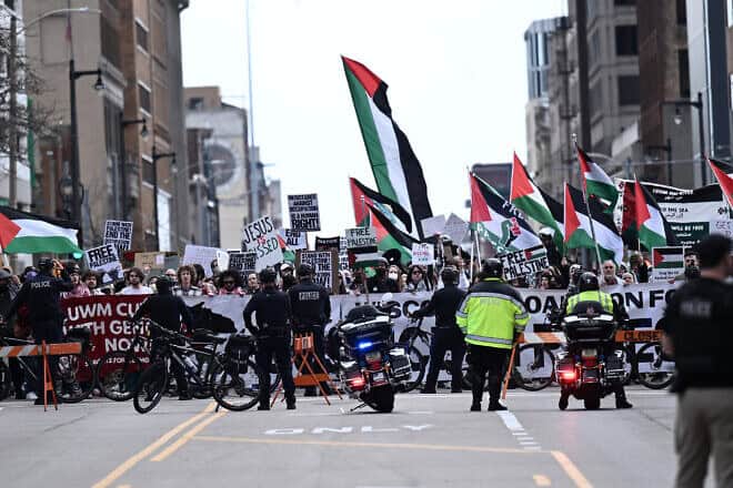 Pro-Palestinian demonstrators in Milwaukee on March 13, 2024. Photo by Brendan Smialowski/AFP via Getty images.
