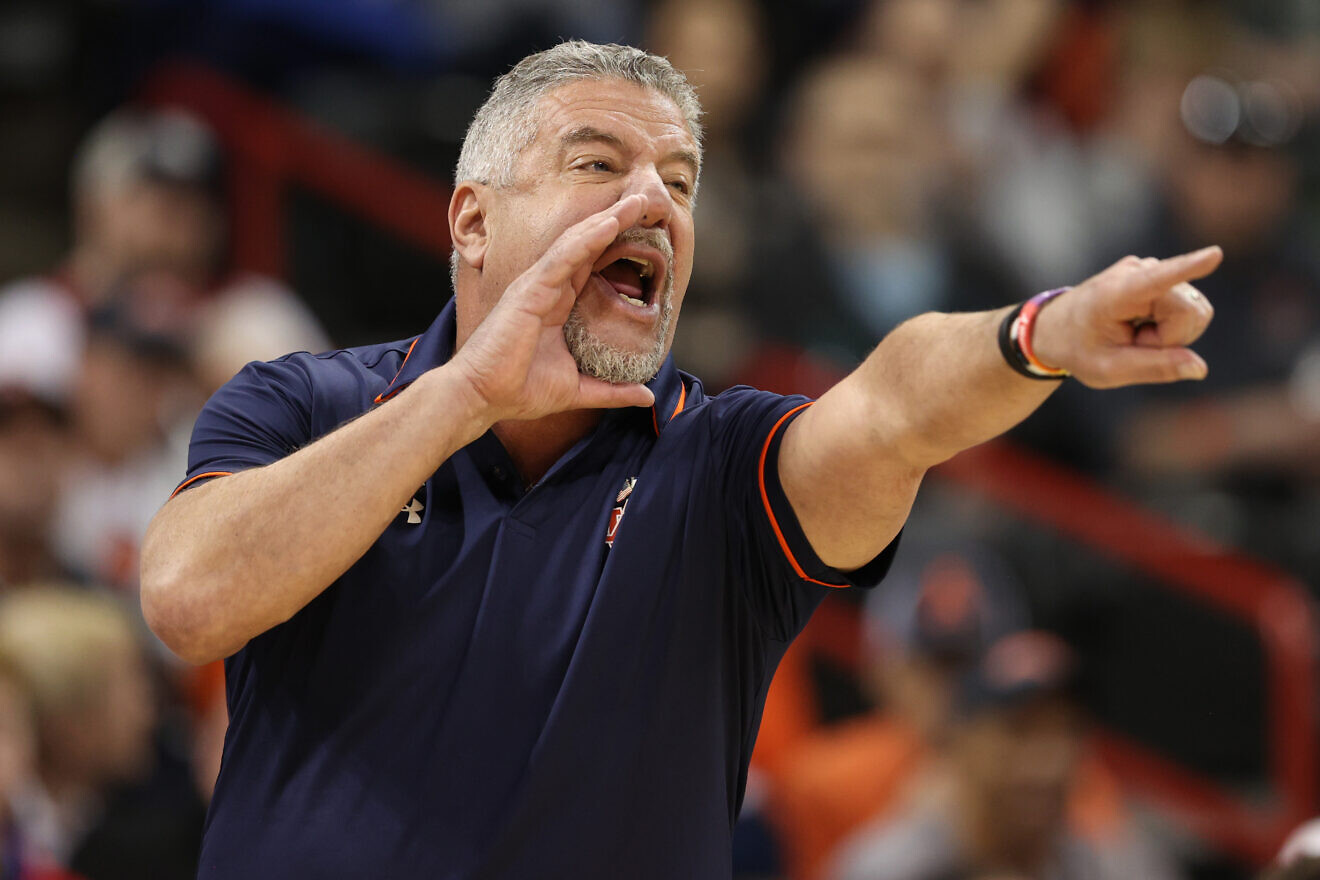 Bruce Pearl, head coach of the Auburn Tigers, reacts during the first half against the Yale Bulldogs in the first round of the NCAA Men's Basketball Tournament at Spokane Veterans Memorial Arena on March 22, 2024 in Spokane, Wash. Photo by Steph Chambers/Getty Images.