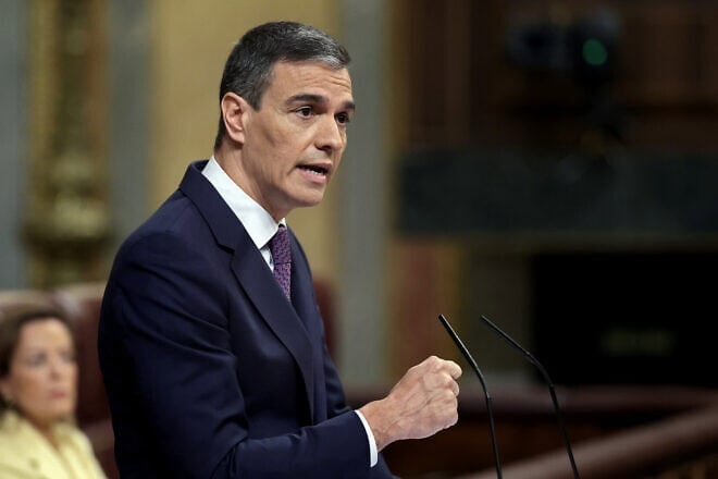 Spain's Prime Minister Pedro Sanchez delivers a speech to announce that Spain will recognize Palestine as a state on May 28, at the Congress of Deputies in Madrid on May 22, 2024. Photo by Thomas Coex/AFP via Getty Images.