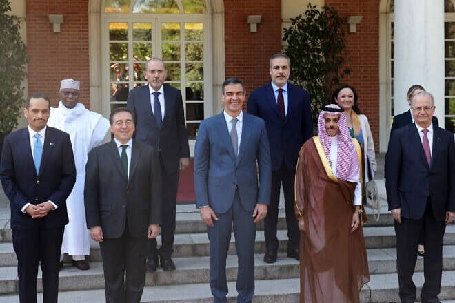 Spain's Prime Minister Pedro Sanchez (C) and Foreign Minister Jose Manuel Albares (3L) pose for a family photo with Qatari Prime Minister Sheikh Mohammed bin Abdulrahman Al-Thani (L), Jordan's Foreign Minister Ayman Safadi (4L), Turkey's Foreign Minister Hakan Fidan (6L), Saudi Arabia's Foreign minister Faisal bin Farhan Al-Saud  (7L) and Palestinian Prime Minister Mohammad Mustafa (R) prior to holding a meeting of the Islamic Arab Ministerial Committee on Gaza, in Madrid on May 29, 2024. Photo by Pierre-Philippe Marcou/AFP via Getty Images.