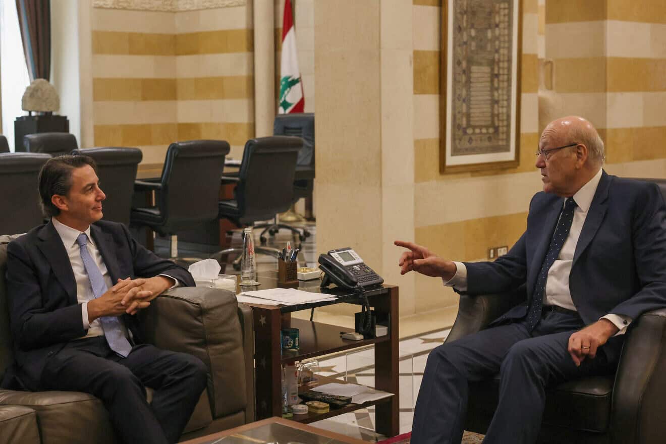 Lebanon's caretaker Prime Minister Najib Mikati (right) meets with U.S. special envoy Amos Hochstein in Beirut on Aug. 14, 2024. Photo by ANWAR AMRO / AFP via Getty Images.