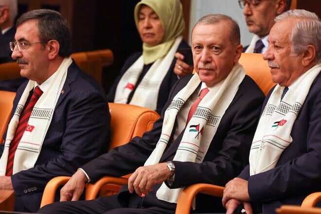 Turkish President Recep Tayyip Erdoğan attends Palestinian Authority chief Mahmoud Abbas's speech at the Turkish parliament, Aug. 15, 2024. Photo by Serdar Ozsoy/Getty Images.
