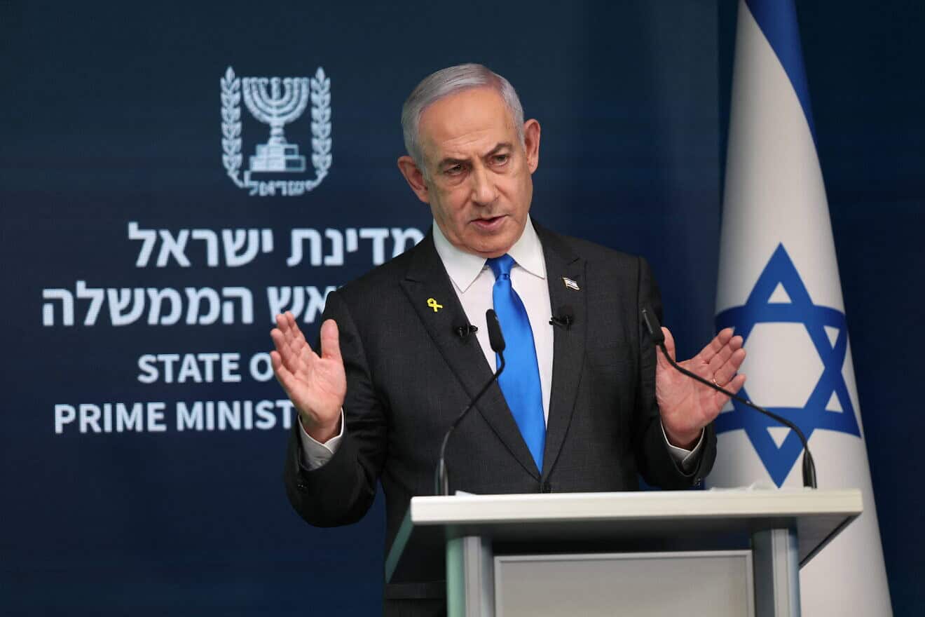 Israeli Prime Minister Benjamin Netanyahu gives a press conference at the Government Press Office headquarters in Jerusalem, Sept. 4, 2024. Photo by Abir Sultan/POOL/AFP.