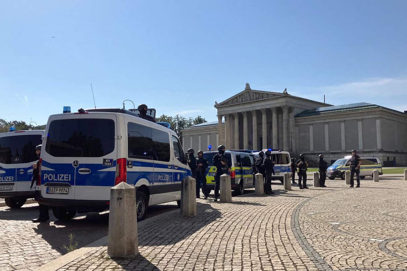Police officers secure the area around the Koenigsplatz square after a shooting near the building of the Documentation Centre for the History of National Socialism and the Israeli consulate in Munich on Sept. 5, 2024. Photo by Pauline Curtet/AFP via Getty Images.