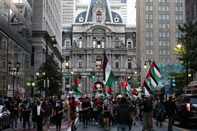Pro-Palestinian demonstrators block roads as they rally in front of City Hall in Philadelphia, ahead of the presidential debate between U.S. Vice President and Democratic presidential candidate Kamala Harris, and former President and current Republican presidential candidate Donald Trump, on Sept, 10, 2024. Photo by Andrew Thomas/AFP via Getty Images.