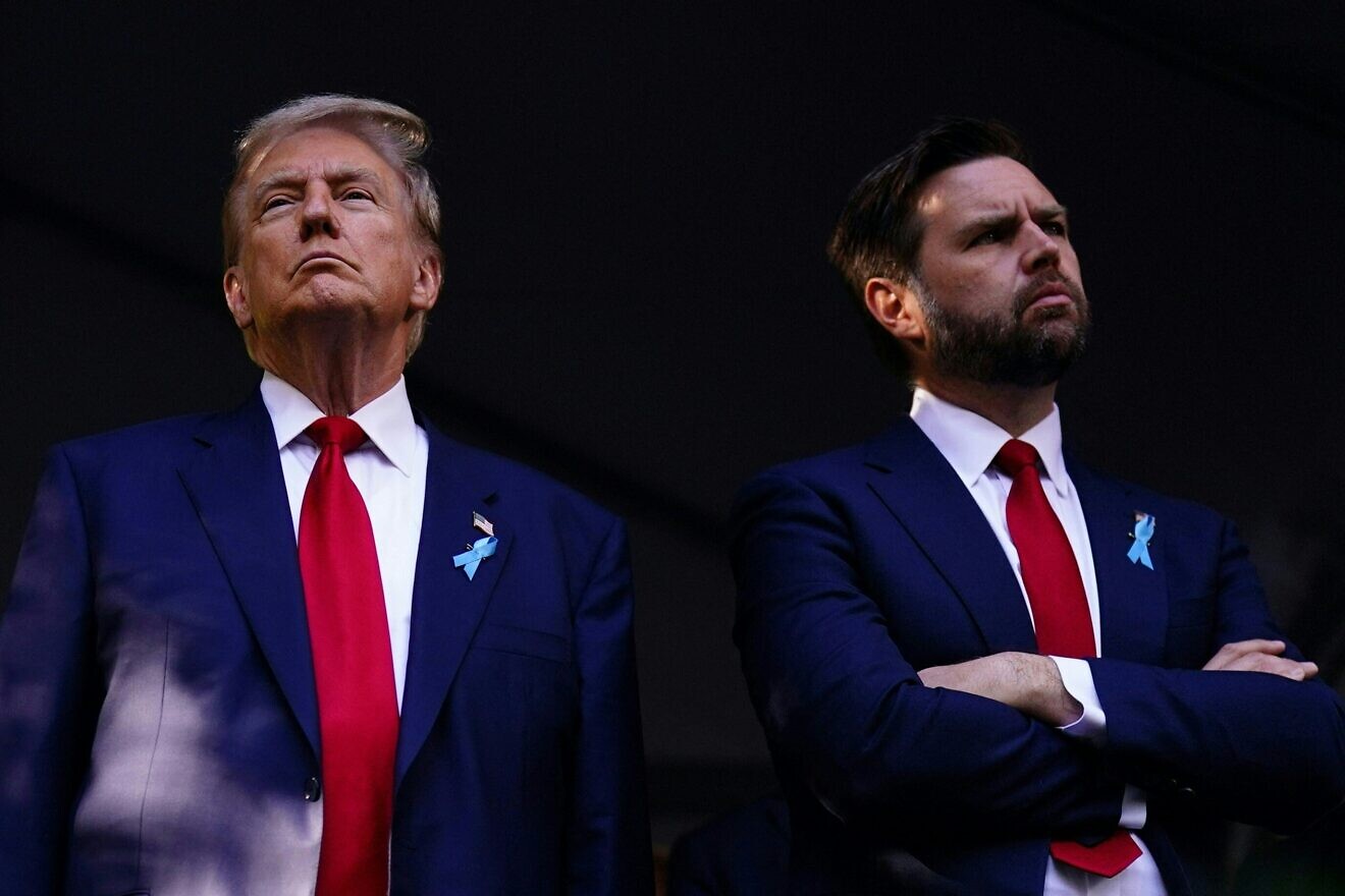 Former U.S. President Donald Trump and Sen. JD Vance (R-Ohio) attend a remembrance ceremony on the 23rd anniversary of the Sept. 11 terror attack on the World Trade Center at Ground Zero, in New York City on Sept. 11, 2024. Photo by Adam Gray/AFP via Getty Images.
