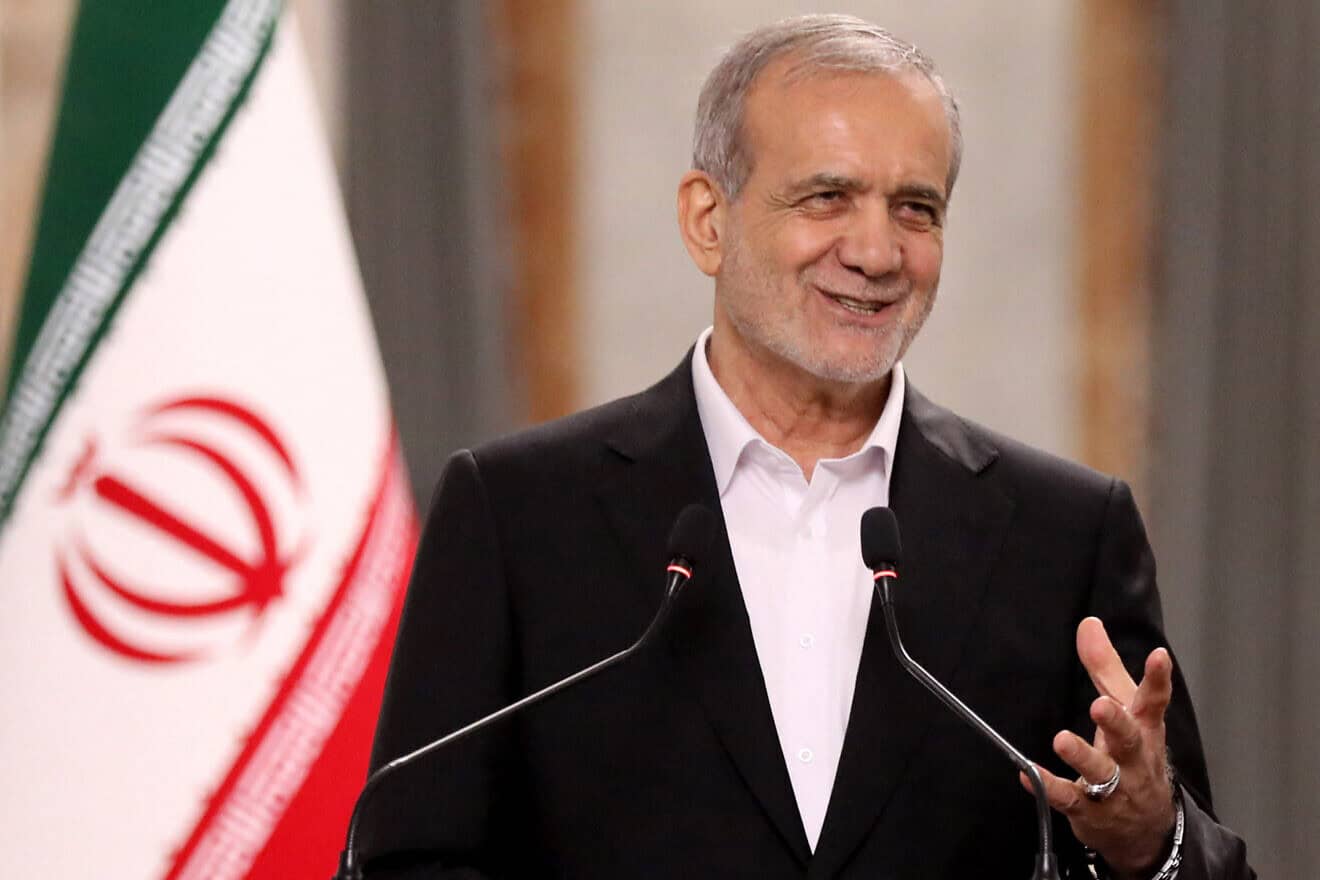 Iranian President Masoud Pezeshkian at a press conference with the Iraqi prime minister at the government palace in Baghdad, Sept. 11, 2024. Photo by Ahmed Jalil/POOL/AFP via Getty Images.