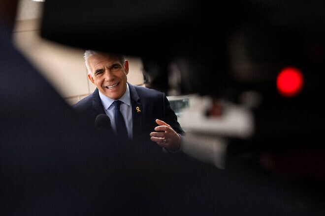 Israeli opposition leader Yair Lapid delivers a statement to the press following his meeting with U.S. Secretary of State Antony Blinken at the State Department in Washington, on Sept. 16, 2024. Photo by Roberto Schmidt/AFP via Getty Images.