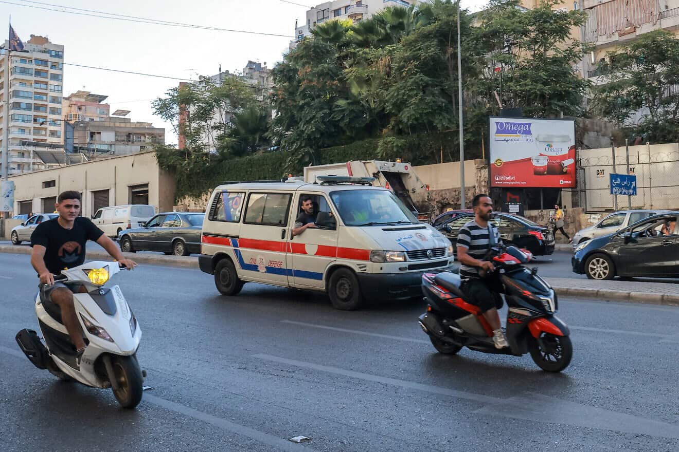 An ambulance rushes wounded Hezbollah terrorists to a hospital in Beirut following explosions across Lebanon, Sept. 17, 2024. Photo by Ibrahim Amro/AFP via Getty Images.