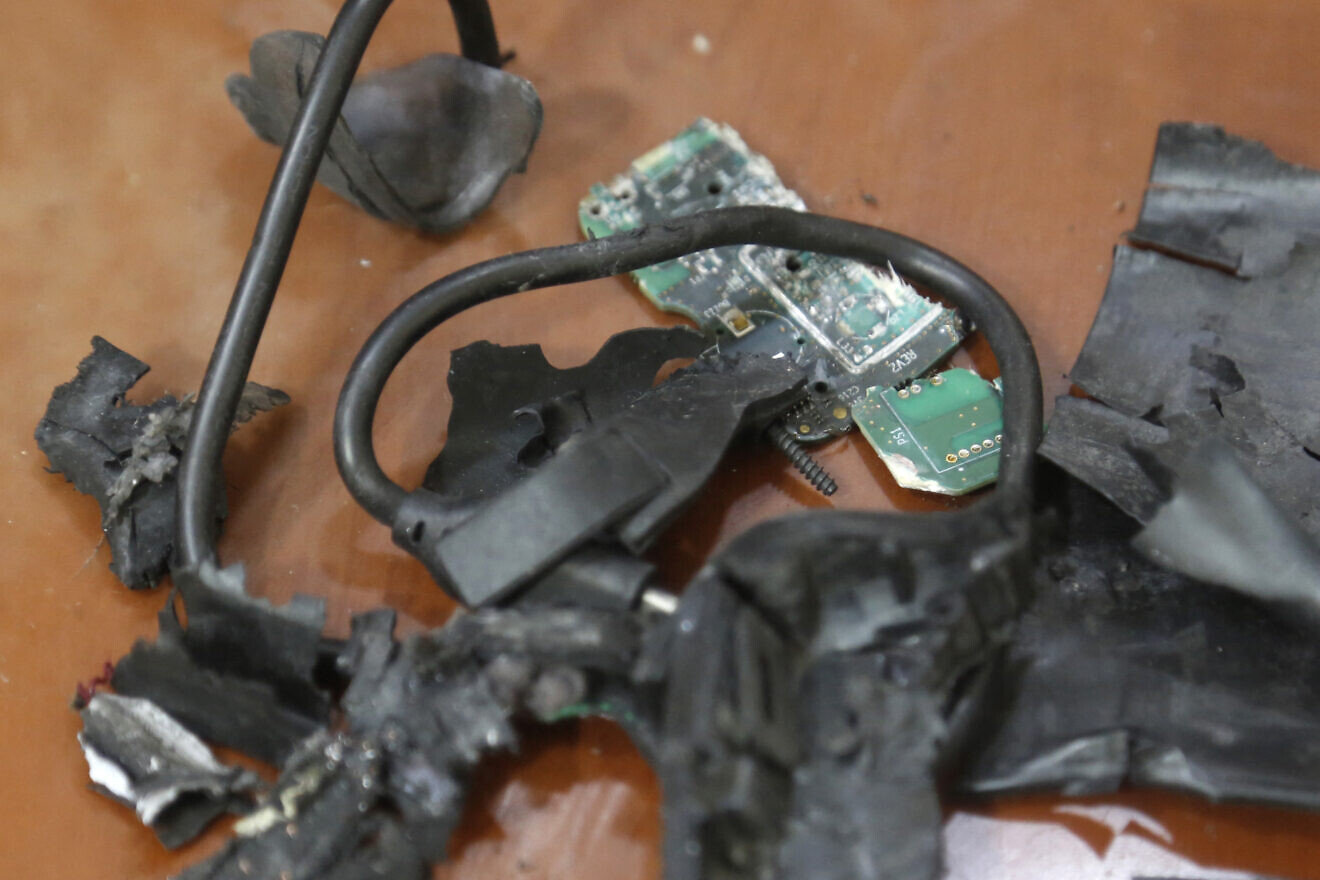 A photo taken on Sept. 18, 2024, in Beirut's southern suburbs shows the remains of exploded pagers on display at an undisclosed location. Photo by AFP via Getty Images.
