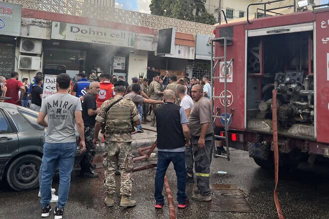 First responders at the scene of a reported device explosion in Sidon in Southern Lebanon, Sept. 18, 2024. Photo by Mahmoud Zayyat/AFP via Getty Images.