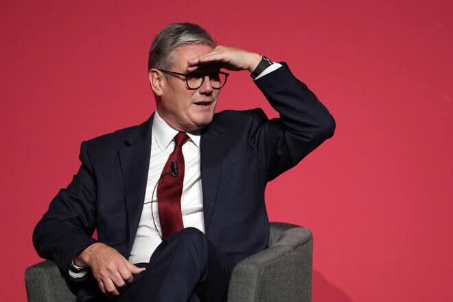 Britain's Prime Minister, Keir Starmer, seen on stage during a conversation with Google UK managing director at ACC Liverpool in England on Sept. 23, 2024. Photo by Christopher Furlong/Getty Images.