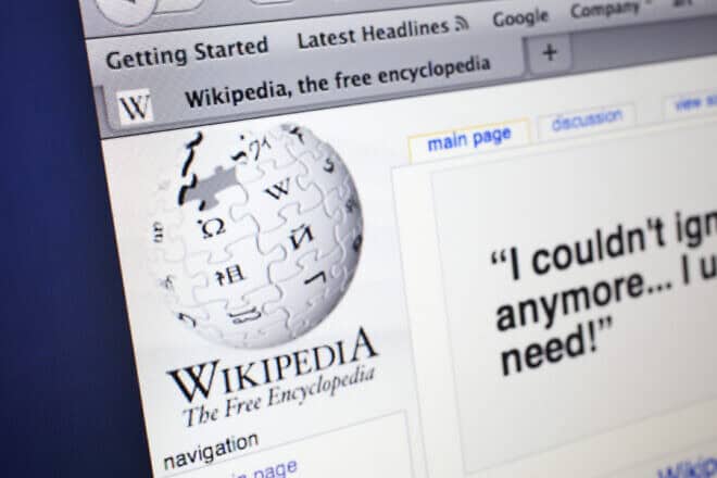 A computer screen showing the website for free online encyclopedia Wikipedia. Photo by In Pictures Ltd./Corbis via Getty Images.