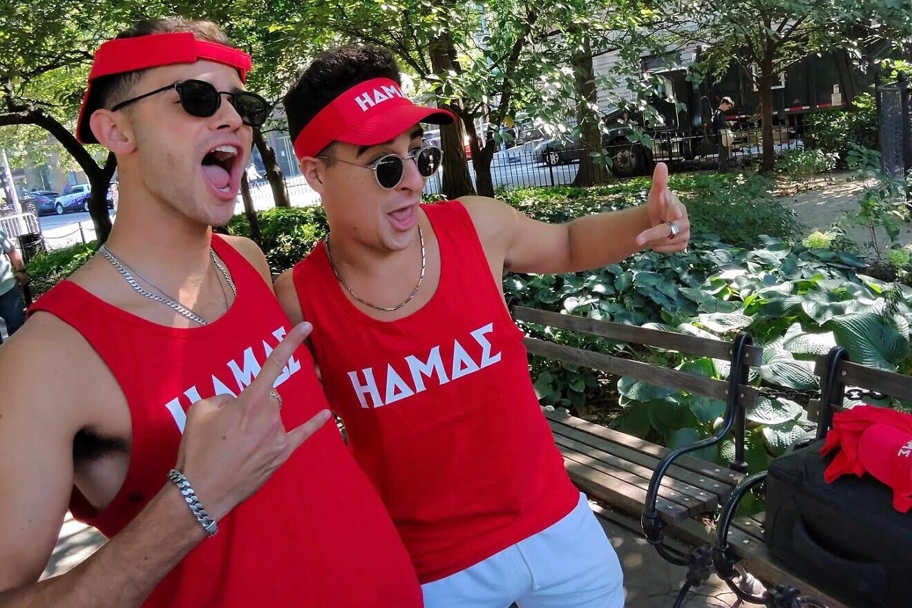 Comedians Zach Sage Fox (right) and Yechiel Jacobs pose as recruiters for a fake pro-Hamas fraternity in a "social experiment." Credit: Courtesy.