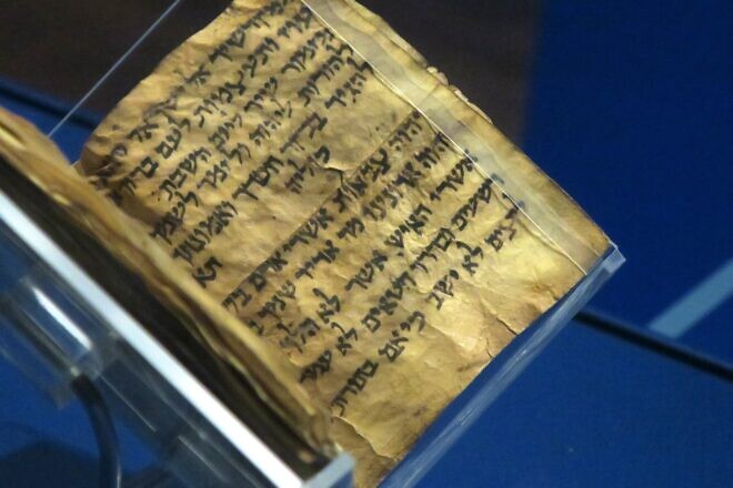The Afghan Liturgical Quire, which has been dated to the eighth century, on view in the exhibit "Sacred Words: Revealing the Earliest Hebrew Book" at the Museum of the Bible in Washington, D.C., on Sept. 29, 2024. Photo by Menachem Wecker.