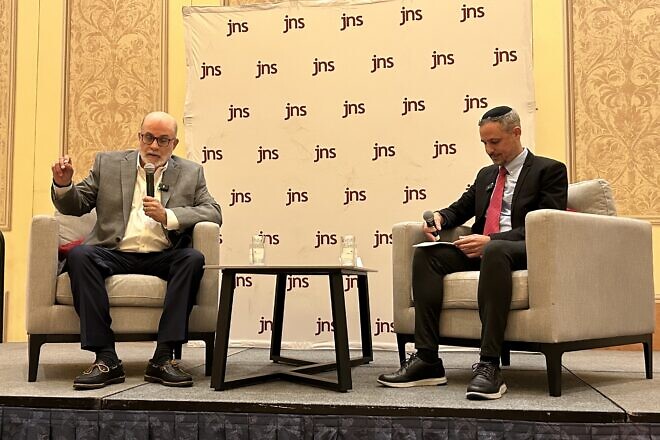 Alex Traiman (right), CEO and Jerusalem bureau chief of JNS, and conservative talk-show host and lawyer Mark Levin, who received the Shield of Jerusalem award at the annual RJC Annual Leadership Summit in Las Vegas, Sept. 4, 2024. Photo by Izzy Salant.