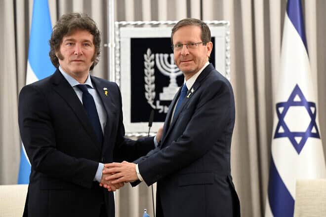 President of Argentina Javier Milei meets with Israeli President Isaac Herzog in Jerusalem, Feb. 6, 2024. Credit: Haim Zach/GPO.