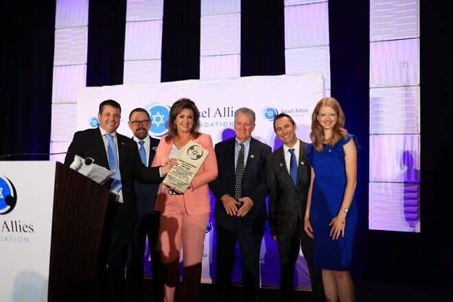 Daystar Television Network co-founder Joni Lamb receives the Israel Allies Foundation annual award in Dallas, Sept. 12, 2024. Credit: Courtesy of the Israel Allies Foundation.