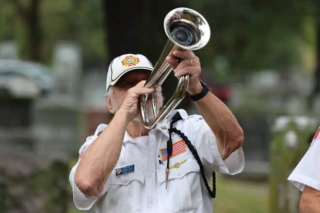 Honoring 1st Lt. Frank I. Yawitz and his flight crew aboard the “Baby Doll III,” a U.S. Army twin-engine B-26 bomber that crashed in the village of Blackmore in Essex, England, 80 years ago during World War II, at a ceremony on Sept. 24, 2024. Photo by Bill Motchan.
