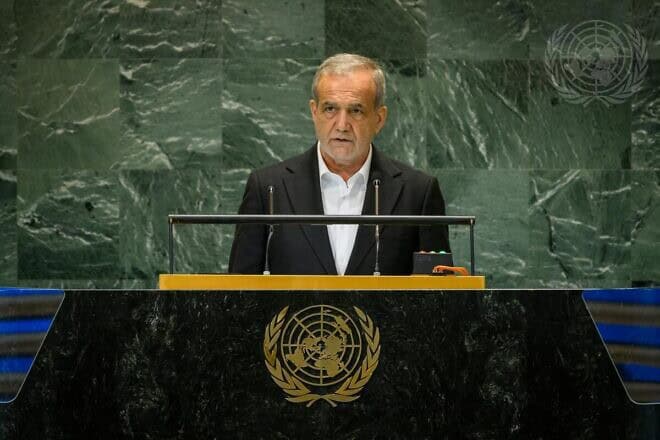Masoud Pezeshkian, president of the Islamic Republic of Iran, addresses the Summit of the Future at the U.N. General Assembly, New York, Sept. 23, 2024. Photo by Loey Felipe/U.N.
