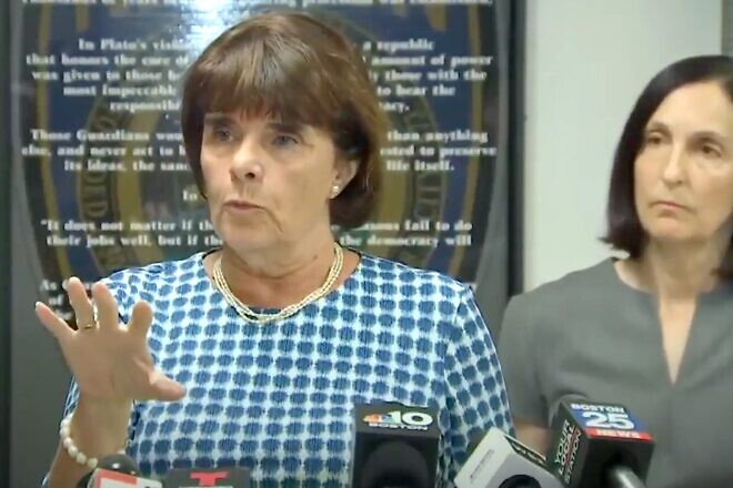 Marian Ryan, the district attorney of Middlesex County, speaks at a press conference on Sept. 12, 2024 as Ruthanne Fuller, the mayor of Newton, Mass., looks on. Source: YouTube/NBC10 Boston.