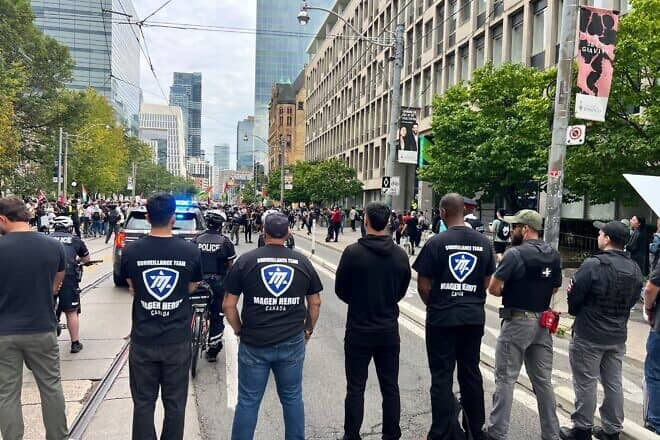 Members of Magen Herut on duty in Toronto, Canada in the first week of September as the new school year starts. Credit: Aaron Hadida.