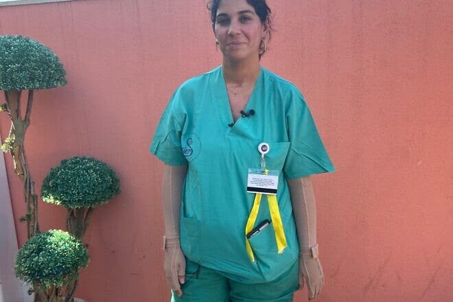 Oct. 7 survivor Dr. Ellay Golan at the Sheba Medical Center in Ramat Gan. Credit: Amelie Botbol.