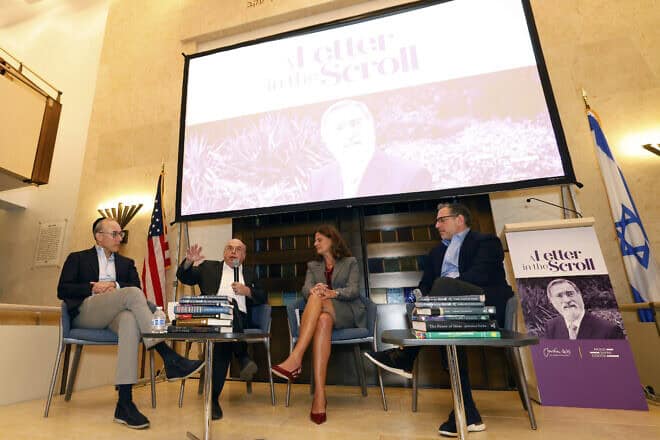 Natan Sharansky, chairman of the Rabbi Sacks Legacy's Global Advisory Board, speaks alongside Michal Cotler-Wunsh, Israel’s special envoy for combating antisemitism, at the Moise Safra Center in New York, Sept. 4, 2024. Credit: Creative Image/The Rabbi Sacks Legacy.