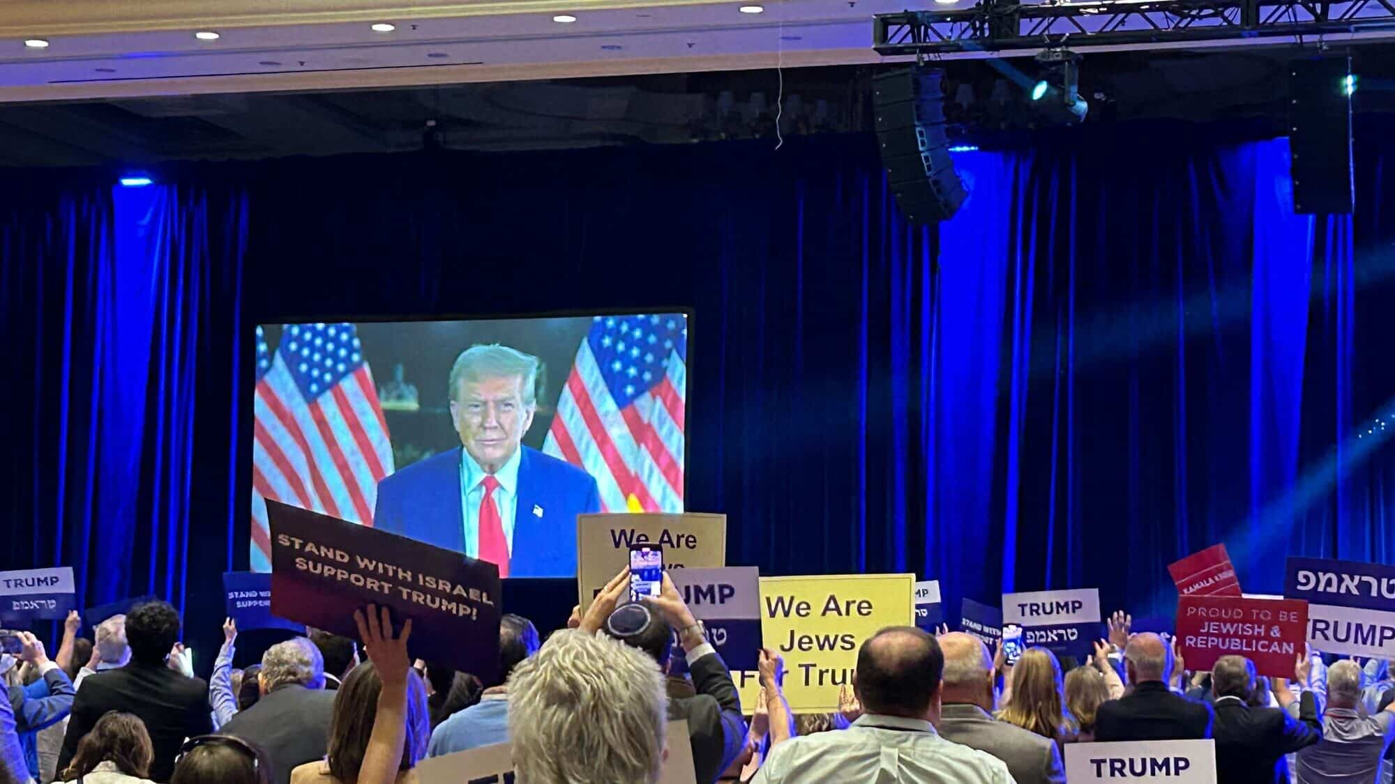 Former President Donald Trump addresses attendees at the RJC Annual Leadership Summit in Las Vegas via satellite, Sept. 5, 2024. Photo by Izzy Salant.