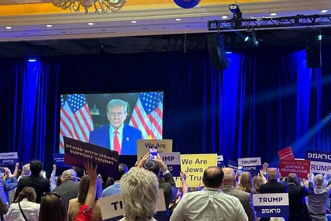 Former President Donald Trump addresses attendees at the RJC Annual Leadership Summit in Las Vegas via satellite, Sept. 5, 2024. Photo by Izzy Salant.