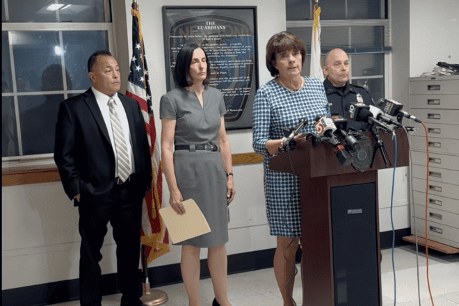 Middlesex County District Attorney Marian Ryan and local law enforcement gives a press conference after the shooting of Caleb Gannon on Sept. 12, 2024. Source: Facebook Screenshot/ Courtesy of the Newton, Mass., Police Department.