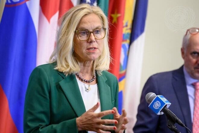 Sigrid Kaag, senior humanitarian and reconstruction coordinator for Gaza, briefs reporters after the U.N. Security Council meeting on the situation in the Middle East on Sept. 16, 2024. Credit: Loey Felipe/U.N. Photo.