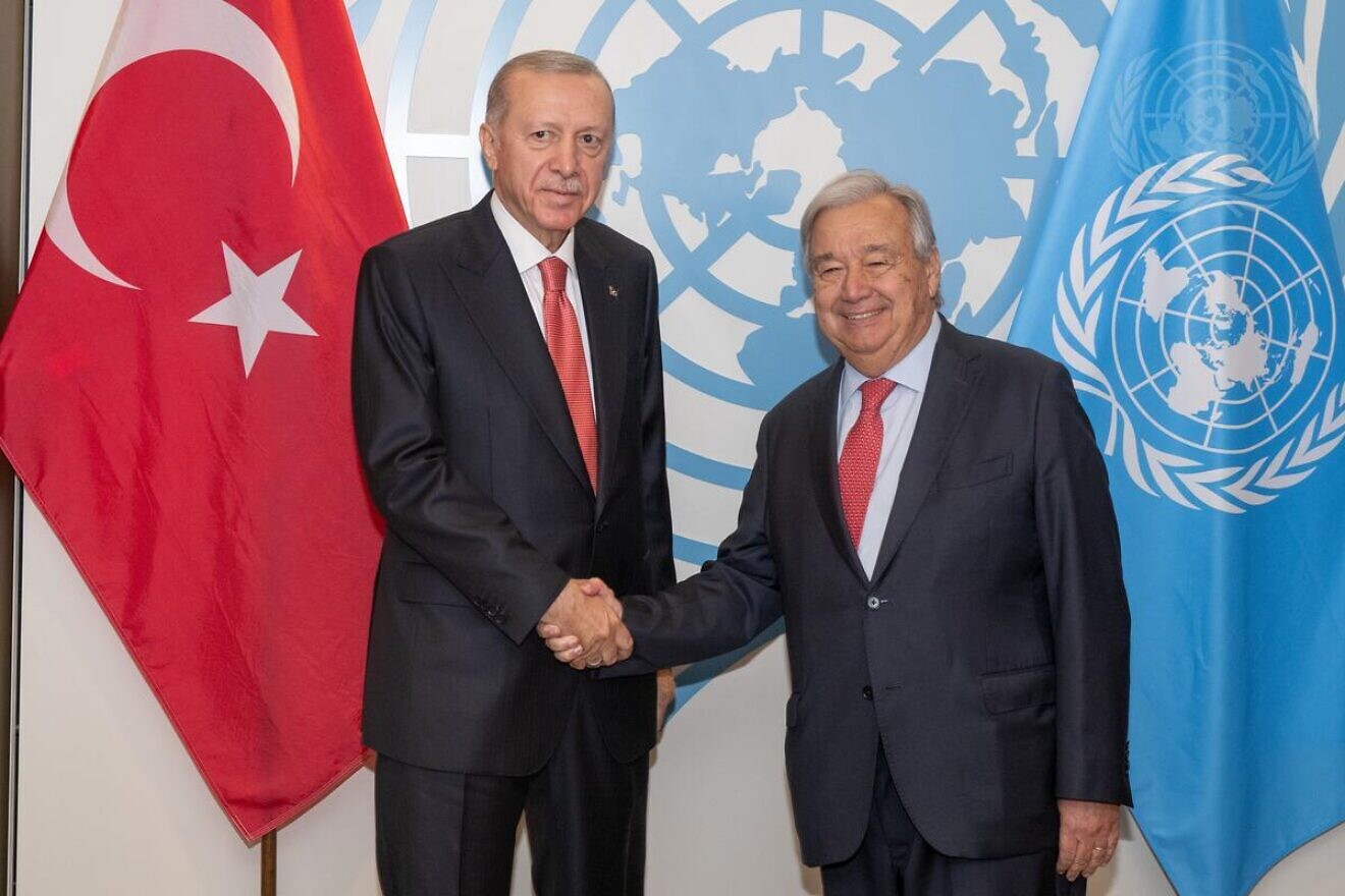 U.N. Secretary-General António Guterres meets with Recep Tayyip Erdoğan, the Turkish president, on the sidelines of the general debate of the General Assembly’s 79th session on Sept. 24, 2024. Credit: Eskinder Debebe/U.N. Photo.